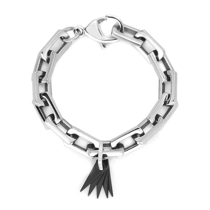 The Light Bracelet which is a unique, single-piece silver bracelet features sleek, rectangular links with an edgy black tassel accent, creating a modern and minimalist accessory ideal for adding a bold touch to any look.






