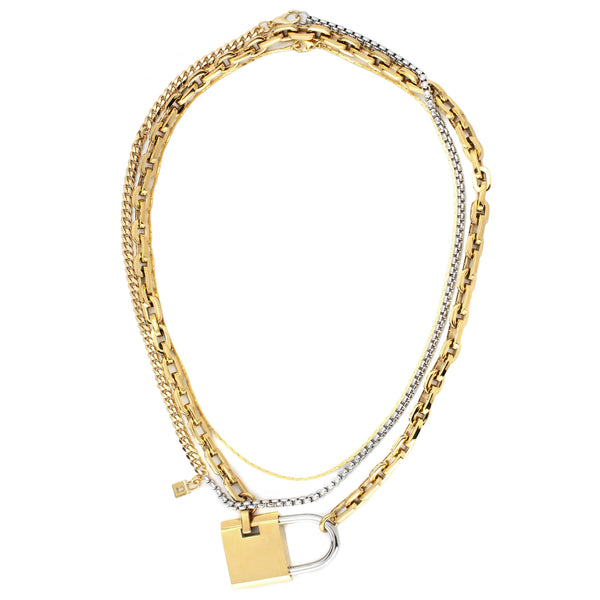 Margaret Necklace which is a 3  Layered Stainless steel chain set. It comes with a gold necklace with a lock pendant, thin gold necklace and another necklace that is half gold and silver with a tiny lock pendant.
