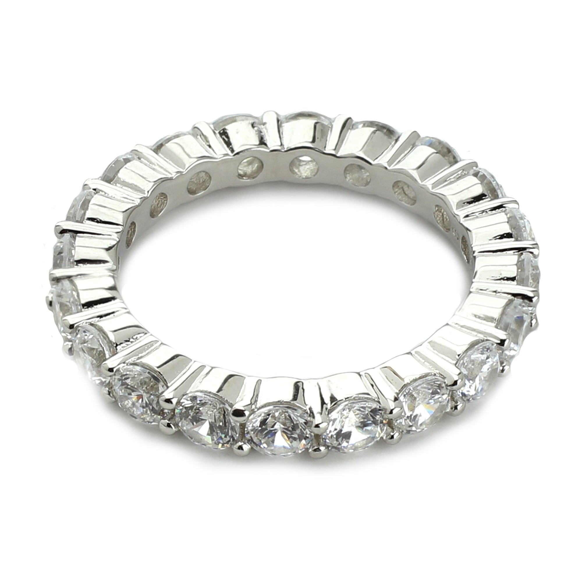 The Eternity ring which is 3mm in width made of 925 sterling silver covered with Cubic zirconia.