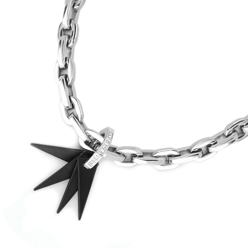 17 inches Silver chain necklace with 5 black Triangle charms & Zirconia stacked together into a one charm. 