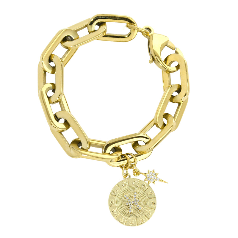 The ZODIAC PUERTO BRACELET- Pisces made of 8" Hypoallergenic Gold Plated Stainless Steel chain with 20mm Gold Filled Pisces Zodiac Charm with Micro Pave Constellation