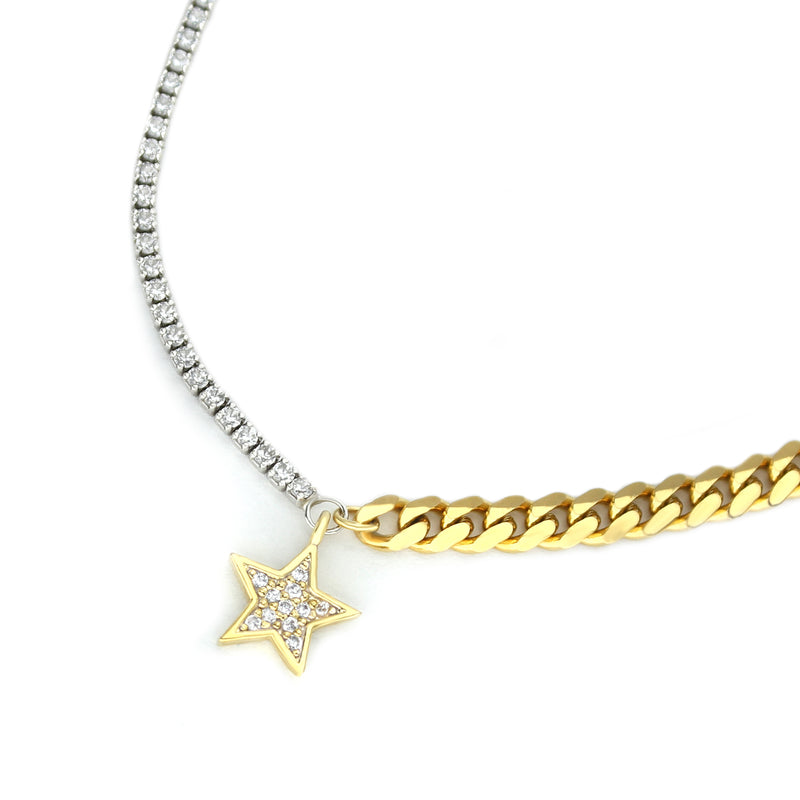 ESPRESSO BLENDED BRACELET which is Half 925 sterling silver zirconia chain and Half stainless steel 18k gold plated chain, 7" length with 18k gold plated zirconia star pendant.