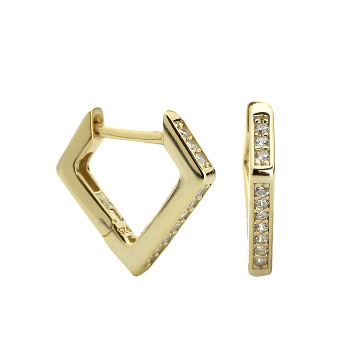 The TRIANGULO HUGGIES which is made of 18k gold plated, 925 sterling silver triangular shaped earrings covered with cubic zirconia. The width is 13.mm / 0.5in and has a drop of 11mm / 0.4in.