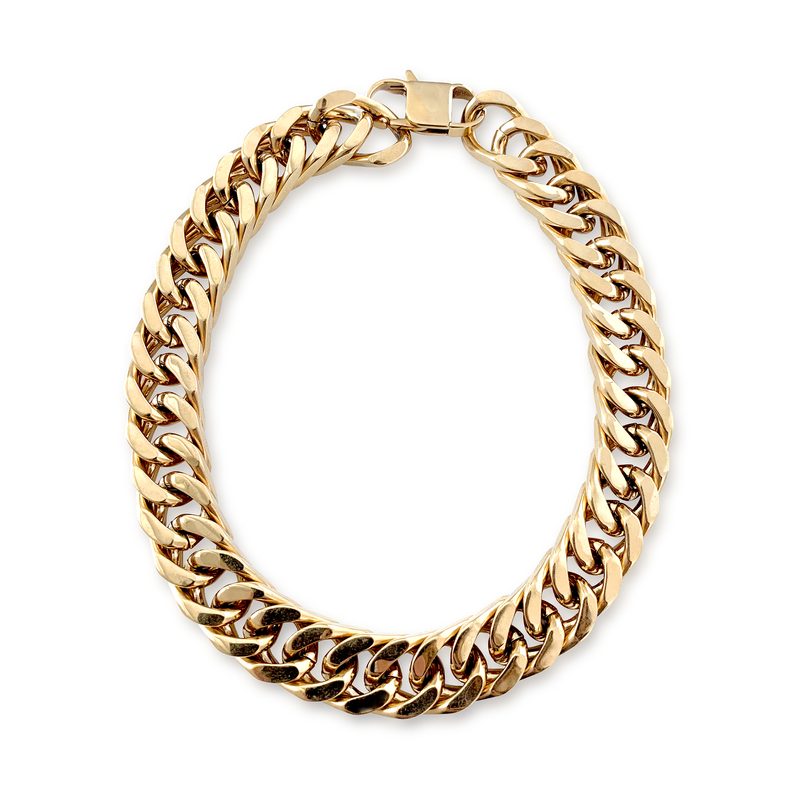 Gold Cleo which is 16" long, 18k gold plated stainless steel chunky chain.