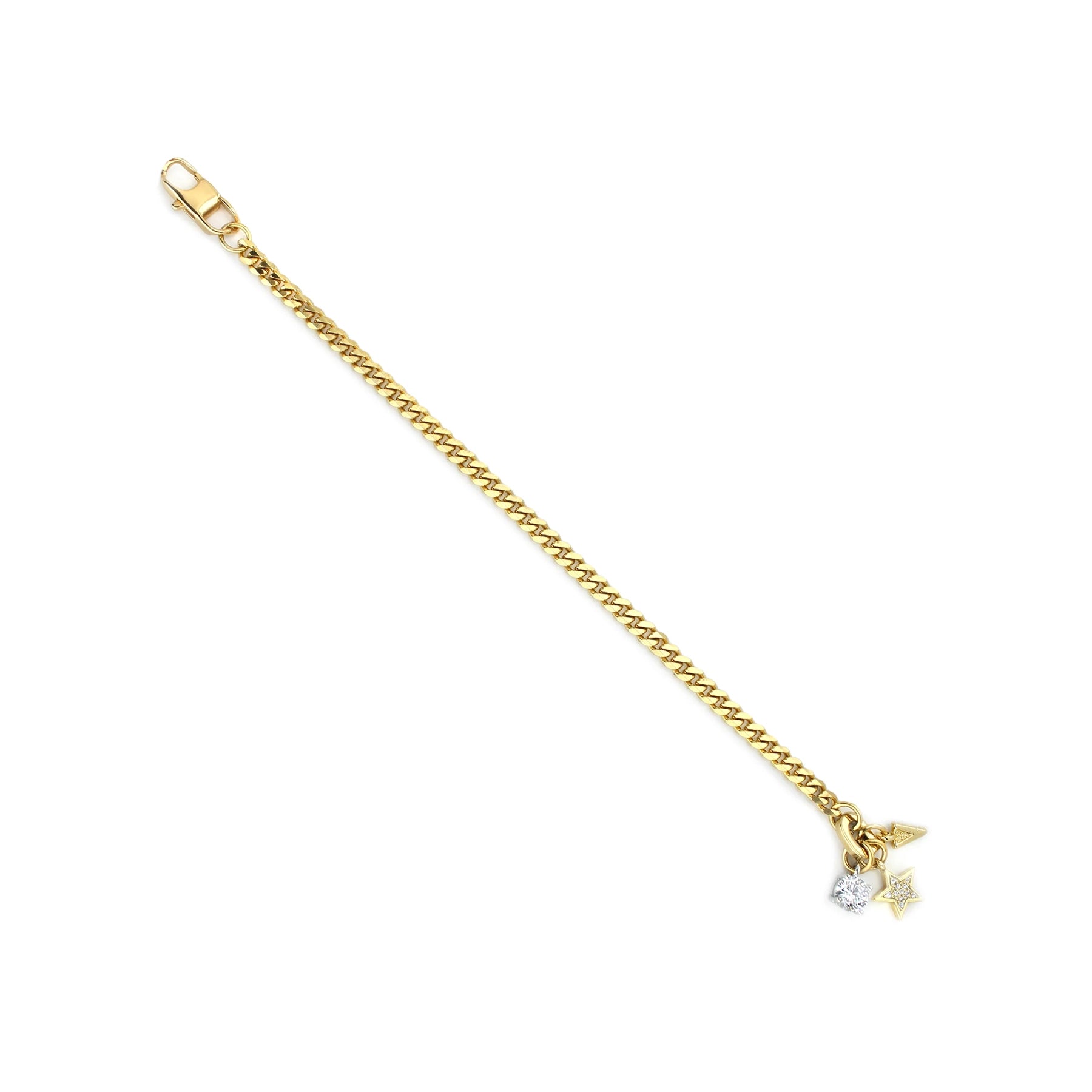 The Marocchino Blended Bracelet, which is a charming gold bracelet, features a classic chain design adorned with three delicate charms: a sparkling cubic zirconia, a star with crystal accents, and a pointed arrow charm. This single-piece bracelet combines elegance and playful detail, perfect for adding a unique touch to any wrist stack or as a standalone accessory.






