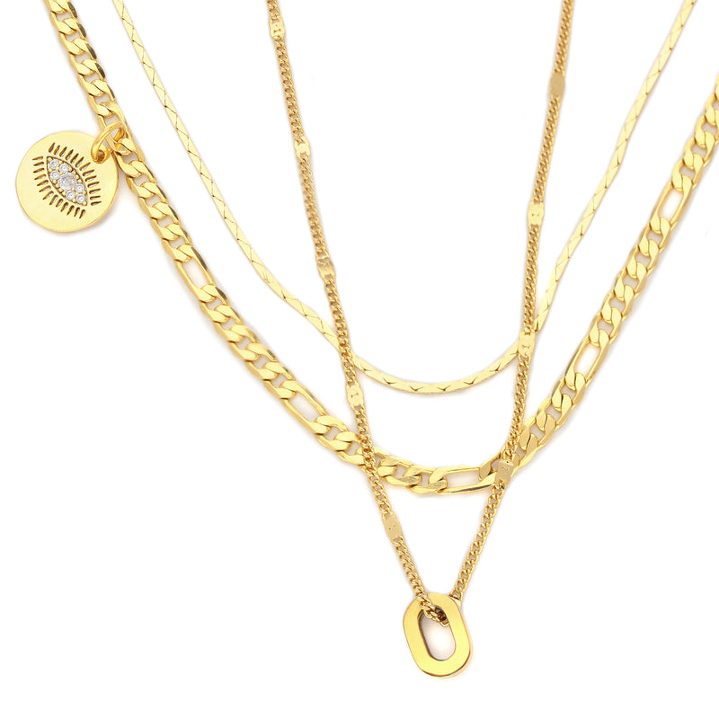 PURE NECKLACE SET which is a 2 chain set made of 18k Gold plated Stainless steel chain. it comes with one short thin chain and longer thin chain with tiny oval charm and a thicker chain with the Evil Eye pendant.
