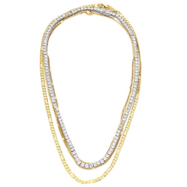 I DO NECKLACE SET is a 4 piece layered set which comes with two 18k Gold plated Stainless steel chains and a Tennis necklace and another short thin gold necklace.