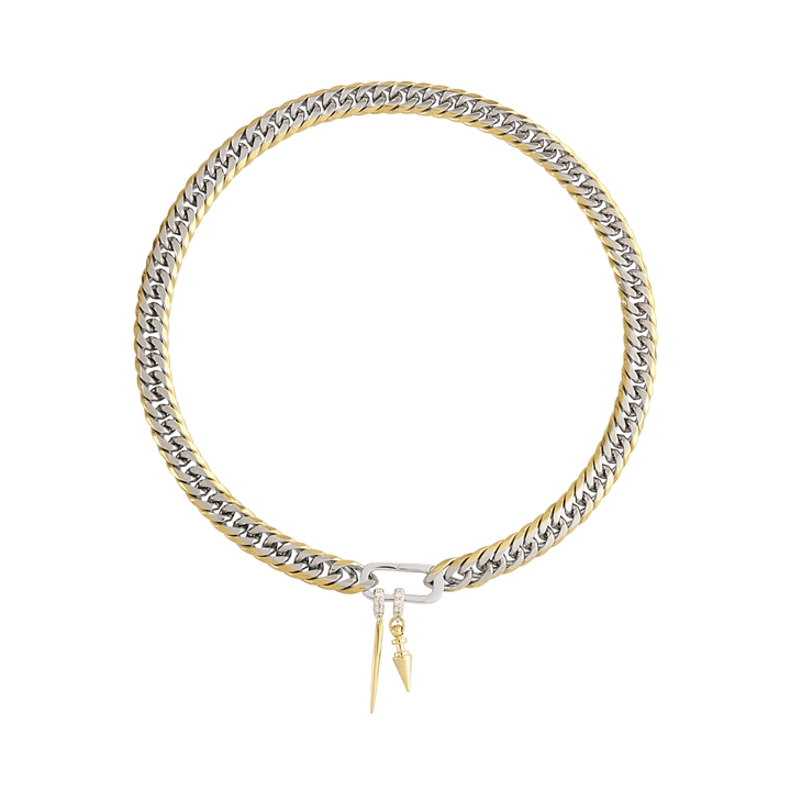 The JUST CLICK SPIKE CHAIN, a single mixed-metal chain necklace with silver links bordered by gold edges, featuring a pave-accented clasp and two dangling spike-shaped charms for an edgy, stylish look.