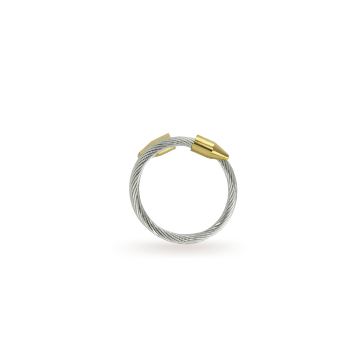The Clavo Wire Ring, which is a unique silver coiled wire ring featuring two gold-toned nail-shaped accents.||| MIX