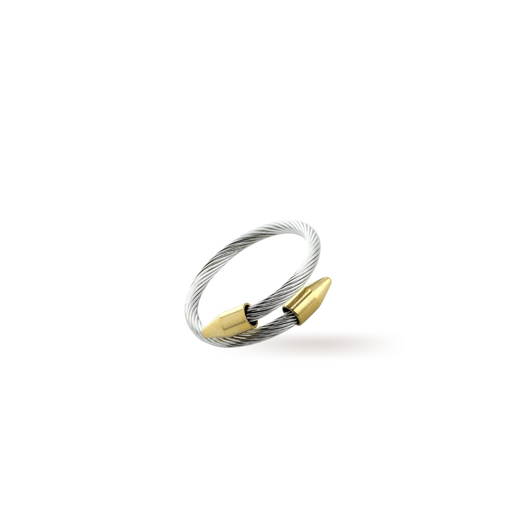 The Clavo Wire Ring, which is a unique silver coiled wire ring featuring two gold-toned nail-shaped accents. ||| MIX