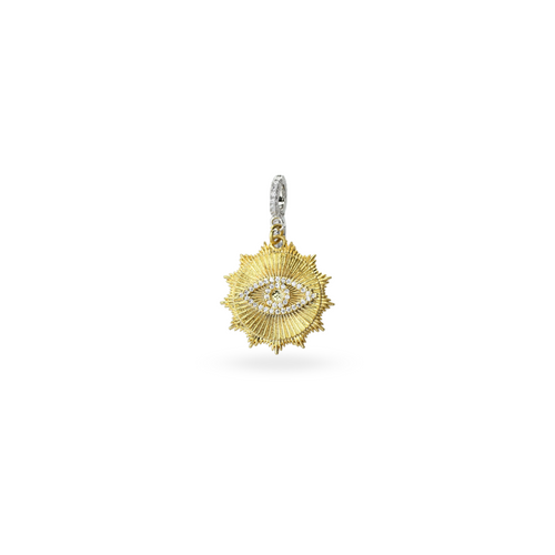 The Evil Eye Clip On Charm, a gold charm with a diamond-like evil eye motif, accented with a diamond-like halo and  a textured gold sunburst design.