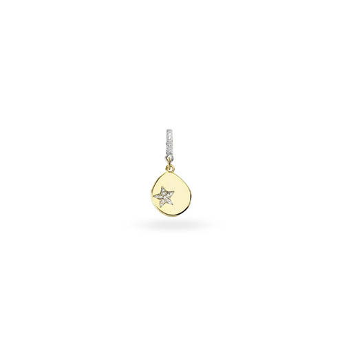 The Drop Star Clip On Charm, a gold charm with a teardrop shape, a diamond-encrusted star, and a silver clip-on bale.
