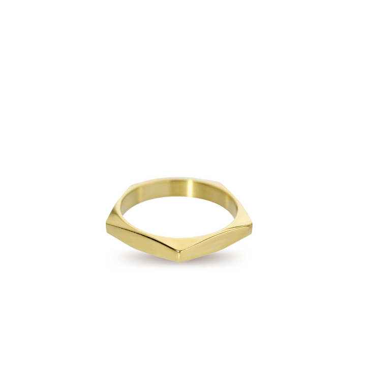 The Rhombus RING which is an 18k Gold plated pentagon shaped ring.