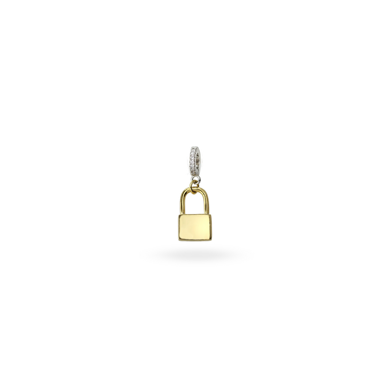The "Lock Clip on Charm" which is made of a Pave clip on Stainless steel 18k gold plated lock charm around  32mm in length.