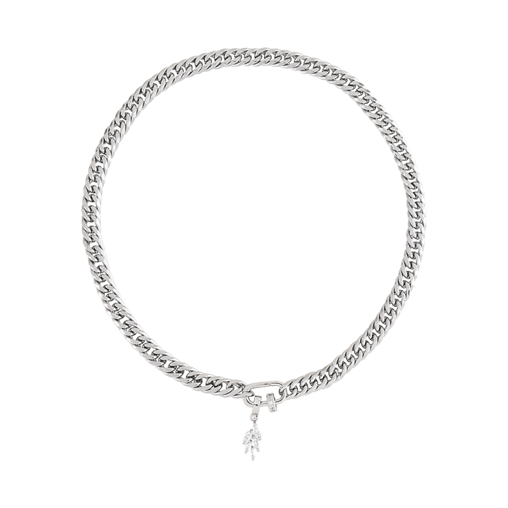 The Slim Just Click Chain, which is a single silver chain necklace featuring a sleek curb link design and a unique clasp adorned with sparkling crystal accents, complemented by dangling charms for a touch of elegance and versatility."