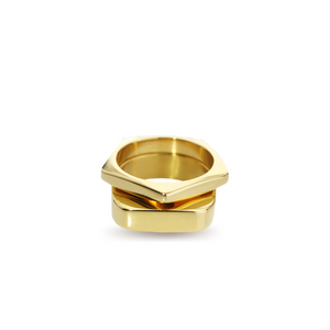 The SHAPE STACK RING which includes 2 18k Gold plated rings. One is the Rhombus ring with the shape of pentagon and the other is the RECTANGLE RING.