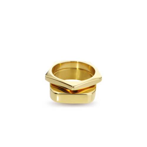 The SHAPE STACK RING which includes 2 18k Gold plated rings. One is the Rhombus ring with the shape of pentagon and the other is the RECTANGLE RING.