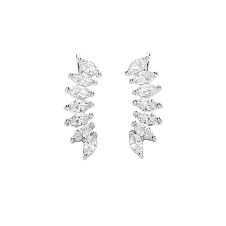 The Positano Earrings is a pair of of 925 sterling silver and Cubic zirconia climber earrings. The climber earrings are each made of 7 leaf-shaped cubic zirconia stones.