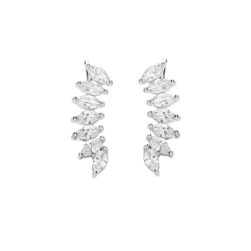 The Positano Earrings is a pair of of 925 sterling silver and Cubic zirconia climber earrings. The climber earrings are each made of 7 leaf-shaped cubic zirconia stones.