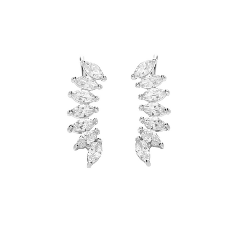 The Positano Earrings is a pair of of 925 sterling silver and Cubic zirconia climber earrings. The climber earrings are each made of 7 leaf-shaped cubic zirconia stones.