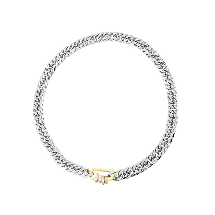 The JUST CLICK HOOPS CHAIN, a single silver chain necklace with a contrasting gold click clasp adorned with sparkling donut-shaped accents, offering a bold mixed-metal statement ||| MIX