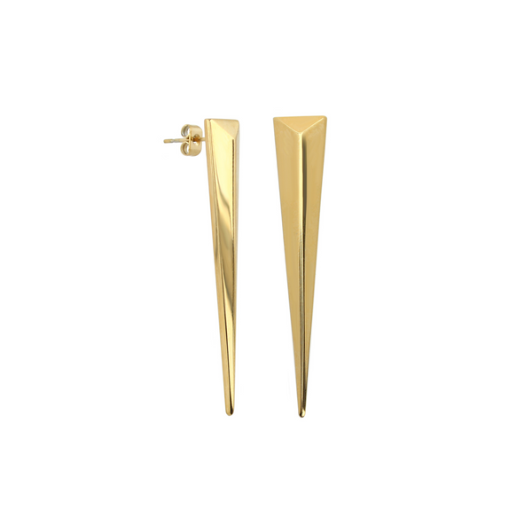 A Pair of Needle earrings made of 18k gold plated Stainless steel. The earrings are triangle shaped and are 4.5mm long.