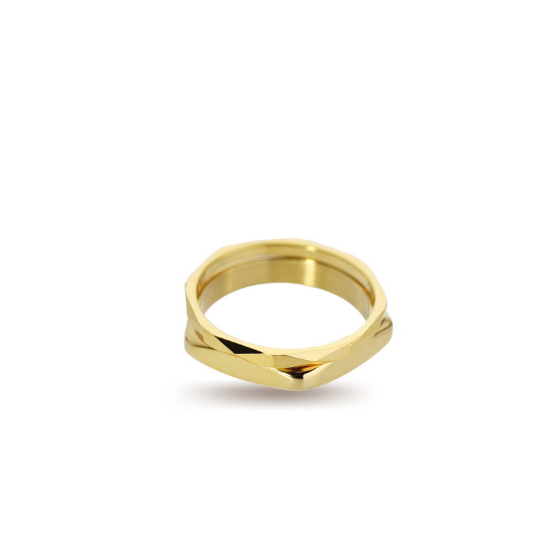 The THIN STACK RING which includes 2 18k Gold plated rings. One is the Rhombus ring with the shape of pentagon and the other is THE THIN RING.