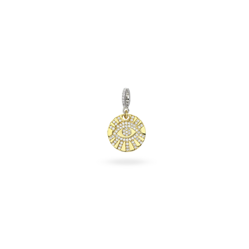 The EVIL EYE 2 BOLT CLIP ON CHARM which is made of Pave Clip on Stainless steel 18k gold plated Zirconia Evil Eye.