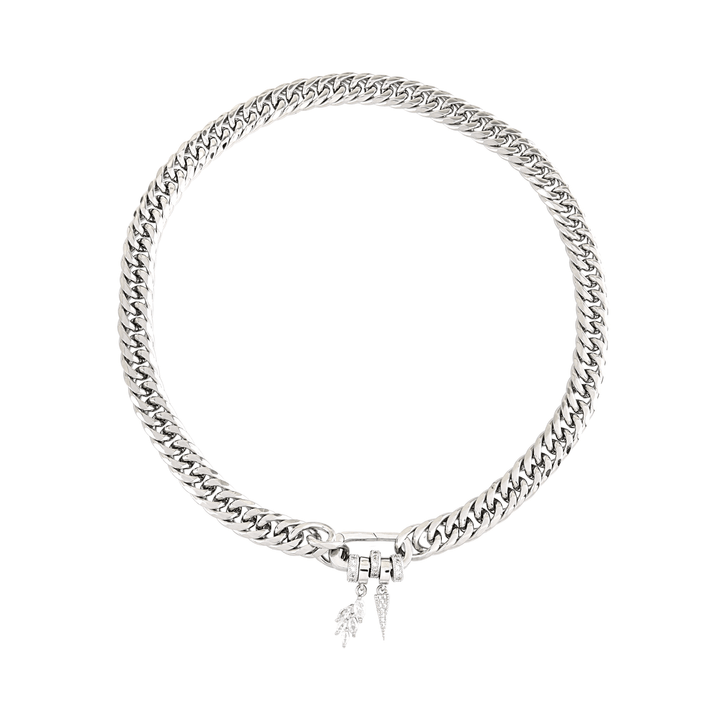 The JUST CLICK SPIGA CHAIN, a single chunky silver chain necklace featuring a pave-accented clasp adorned with two sparkling charms, offering a bold and stylish statement piece.
