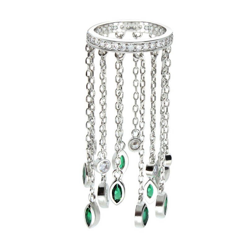 Emerald Waterfall ring which is a silver ring with stones and hanging silver chain around it like a waterfall. Each hanging chains has small emerald stones on them