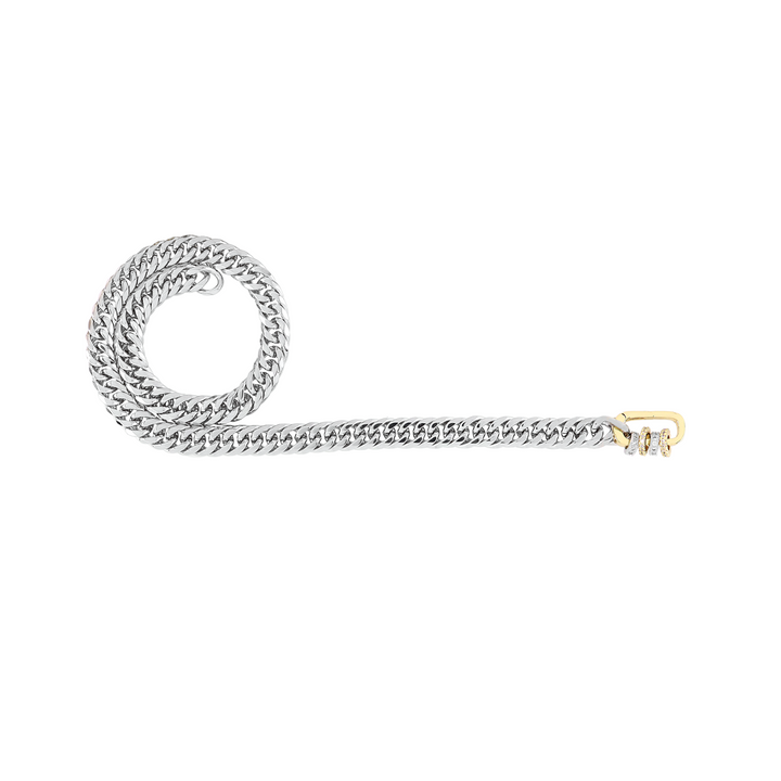 The JUST CLICK HOOPS CHAIN, a single silver chain necklace with a contrasting gold click clasp adorned with sparkling donut-shaped accents, offering a bold mixed-metal statement ||| MIX