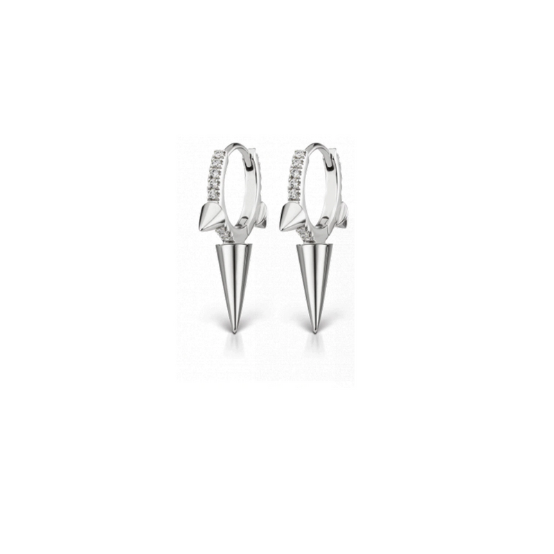 Pair of One Shot Earrings in 925 Sterling Silver 8MM  Long Spike with Cubic Zirconia around the earrings.