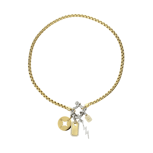 The Herradura Clip On Charms Necklace is a versatile piece made with an 18k gold-plated stainless steel chain with a signature horseshoe clasp and four unique charms: a compass, a bar, a lightning bolt, and a textured bead with cubic zirconia details.