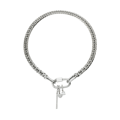 ANNE CLIP ON SHINE NECKLACE: A bold and modern necklace showcasing a thick mixed-metal chain in silver and gold tones. The focal point is a gold carabiner clasp adorned with a diamond-encrusted circular pendant and a miniature padlock charm, adding a touch of sparkle and playful sophistication.