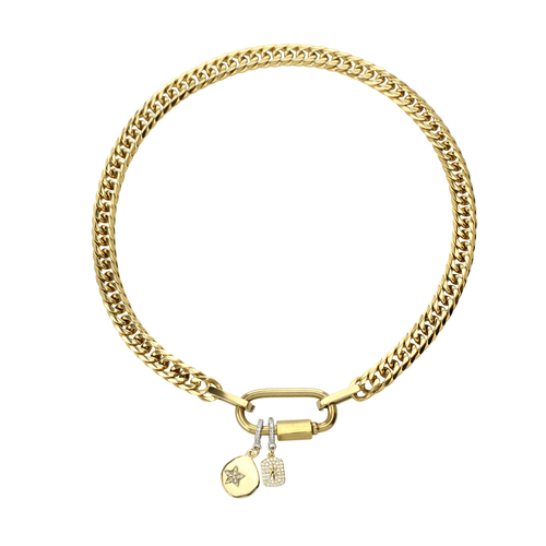 Gold-toned Cuban chain necklace with a carabiner clasp, featuring a star-shaped pendant and a diamond-encrusted rectangle pendant. Anne Clip On Star Necklace.