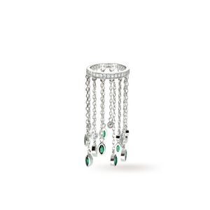 The Emerald Waterfall Ring, a silver ring featuring cascading chains with emerald and diamond-like accents.