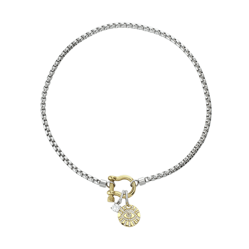 The Herradura Clip On Evil Eye Necklace, a silver and gold necklace featuring a box chain with a gold horseshoe clasp and an evil eye charm accented with diamond-like stones.