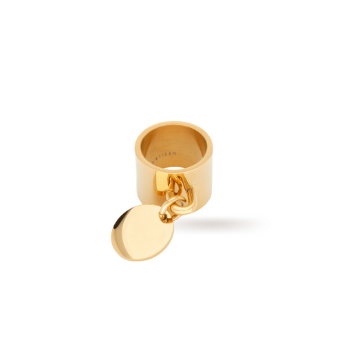 The Coin Ring, which is a bold gold statement ring featuring a thick band with a dangling chain and a circular pendant. ||| GOLD