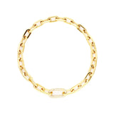The PUERTO FINO NECKLACE, which is a single gold chain necklace, features a bold link design with a sparkling pavé-embellished clasp centerpiece. This elegant gold piece is perfect for adding a touch of sophistication to any outfit, whether casual or formal.