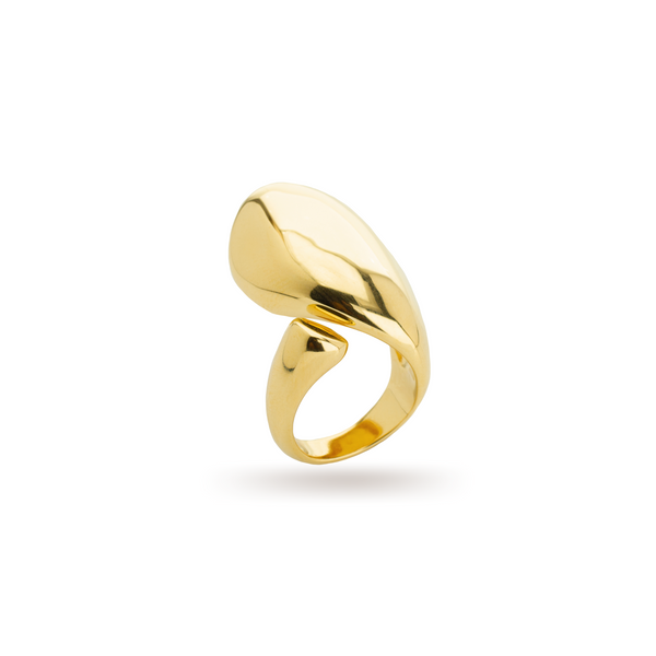 The ARDENT RING which is made of 18k gold plated brass resizable ring. It has a huge oval shaped to it.
