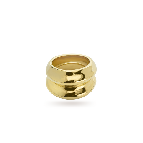 The SPUNKY RING which is made of 18k gold plated brass which looks like two stacked rings.