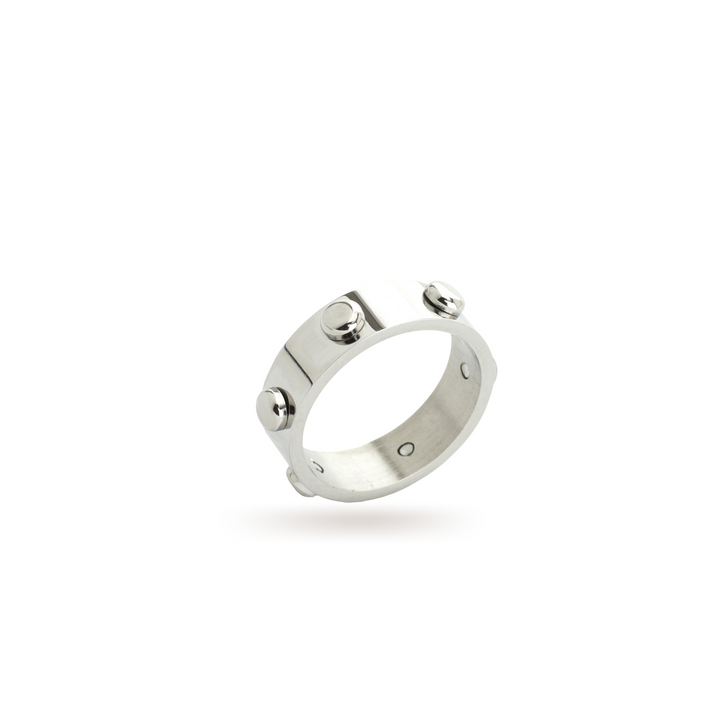 The BALLSY RING which is made of silver plated stainless steel with silver circle studs around. ||| SILVER