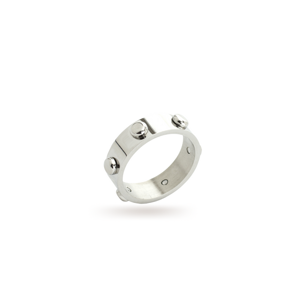 The BALLSY RING which is made of silver plated stainless steel with silver circle studs around.