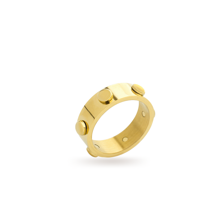The BALLSY RING which is made of 18k Gold plated stainless steel with gold circle studs around. ||| GOLD