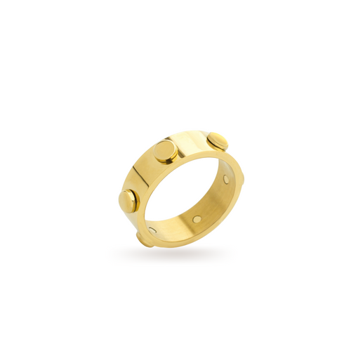 The BALLSY RING which is made of 18k Gold plated stainless steel with gold circle studs around.