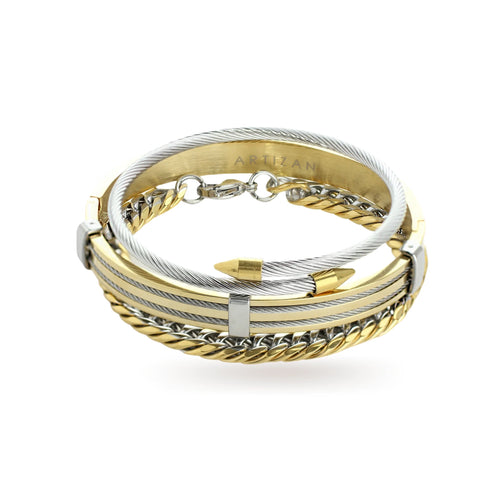 The Nekhamma Stack, a three-piece gold and silver bracelet stack featuring a bangle with the word 