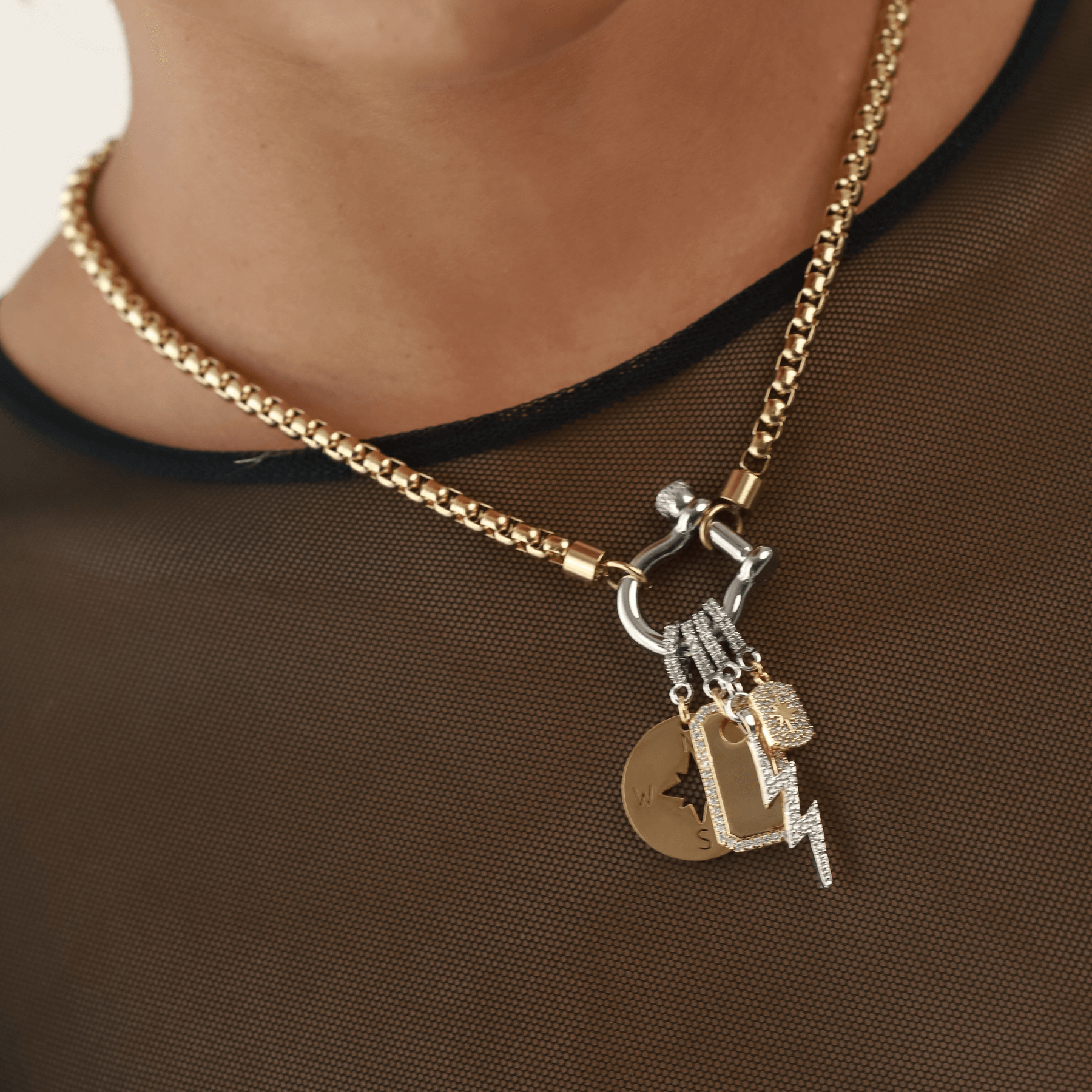 Stainless Steel Chain Chunky Chain Necklace With Lock Punk Link Chain Choker Necklace Big Lock Charm Silver Color Round