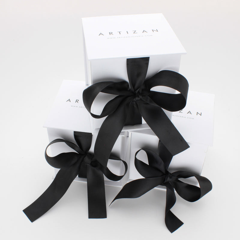 The ARTIZAN LUXURY WHITE BOX, a premium gift box featuring a sleek white design with a black satin ribbon. Perfect for packaging and presenting your exquisite jewelry pieces.