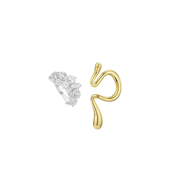 Magnificent Ear cuff set which comes with 2 separates ear cuff, one is a 925 Sterling silver with Cubic zirconia shaped like a crown, the other one is an 18k gold plated brass ear cuff.