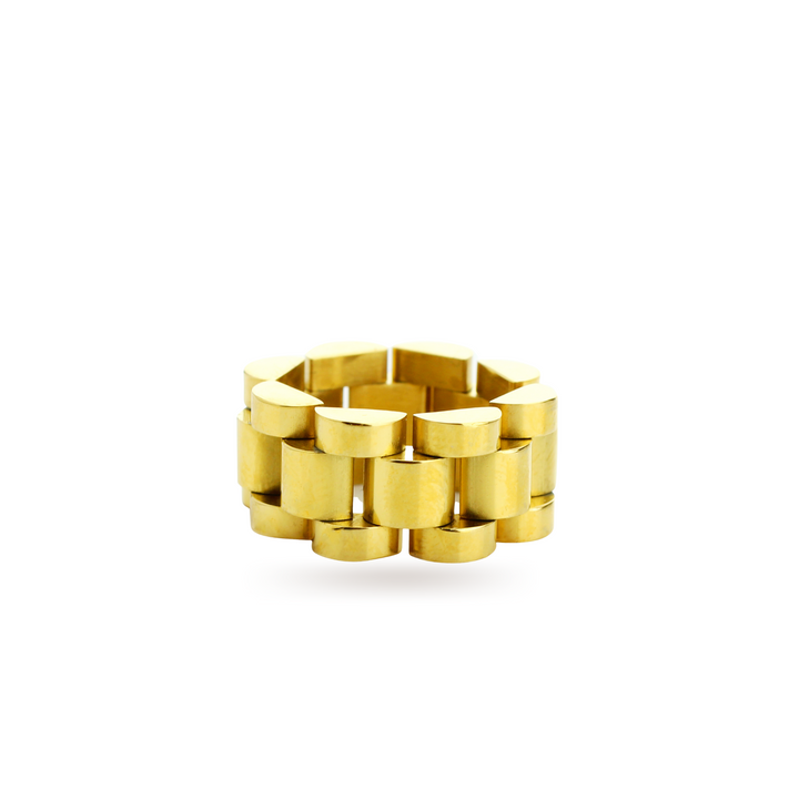 The Move Ring, a gold ring with a unique design resembling interlocking gold links. ||| GOLD